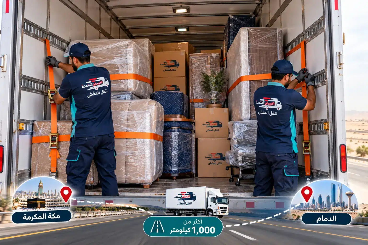 تثبيت حمولة العفش بالأحزمة داخل شاحنة النقل من مكة إلى الدمام