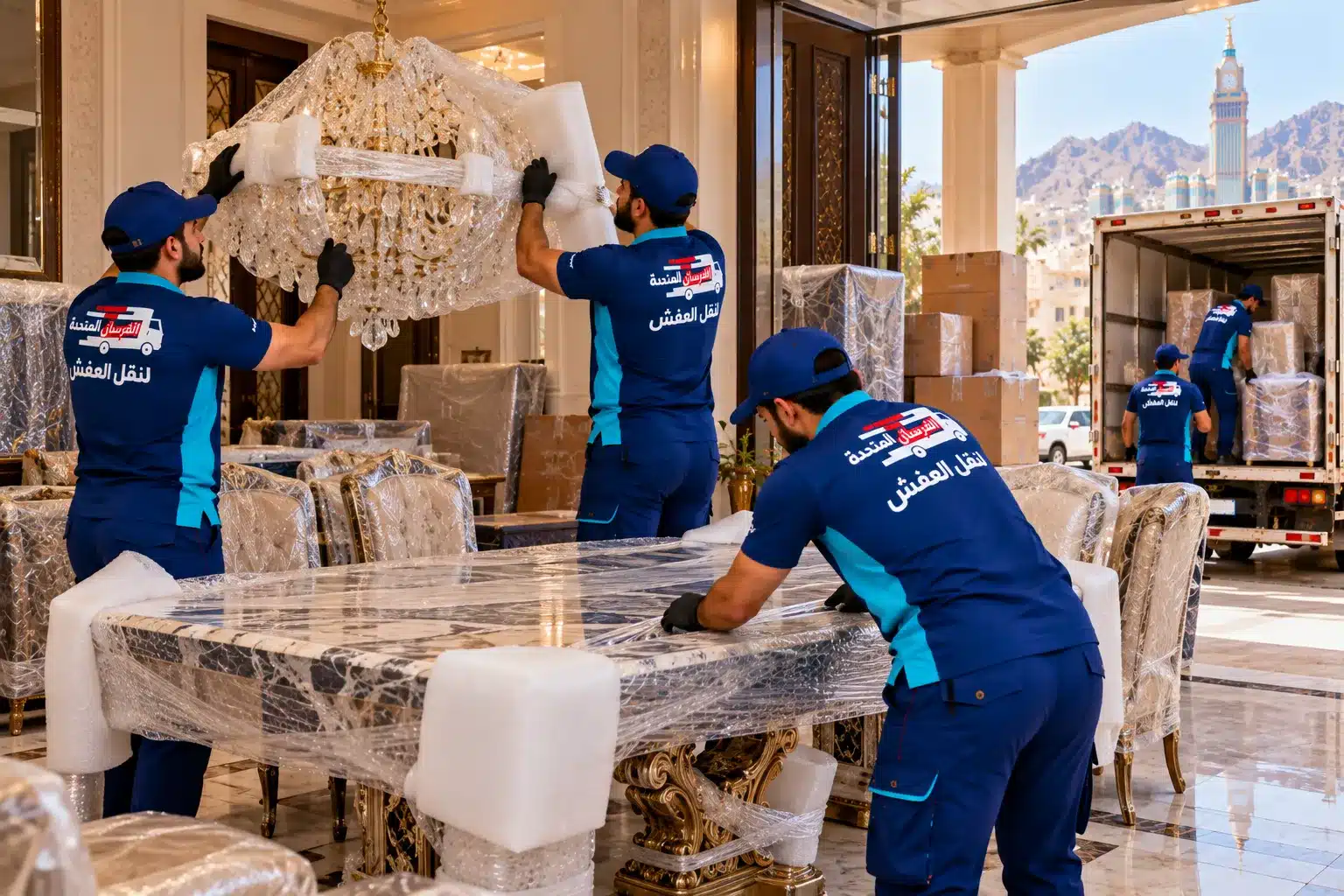 تغليف ثريا كريستال وطاولة رخام قبل نقل العفش في حي النزهة بمكة