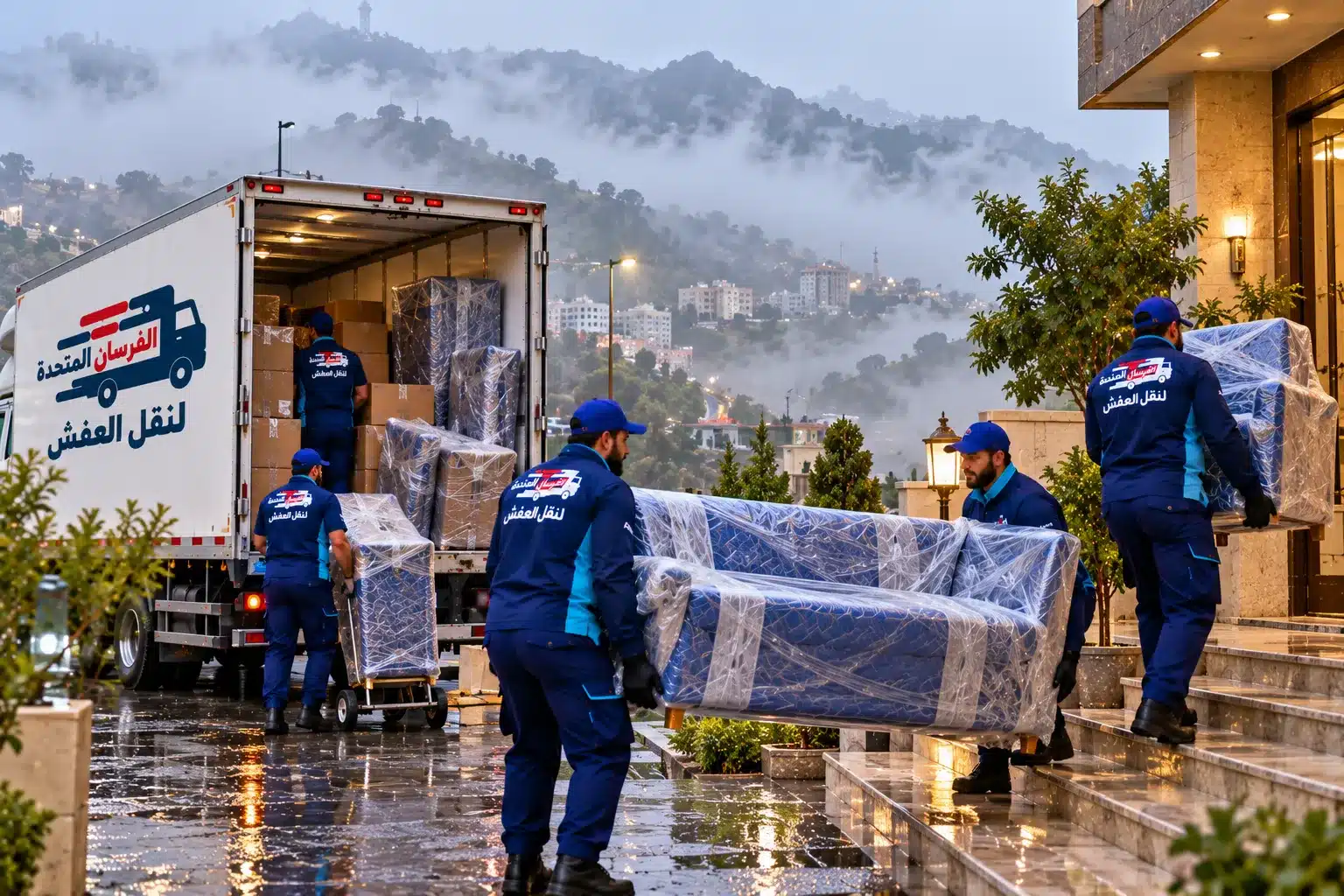 تنزيل الأثاث المغلّف بأغطية مقاومة للماء في أجواء أبها الضبابية