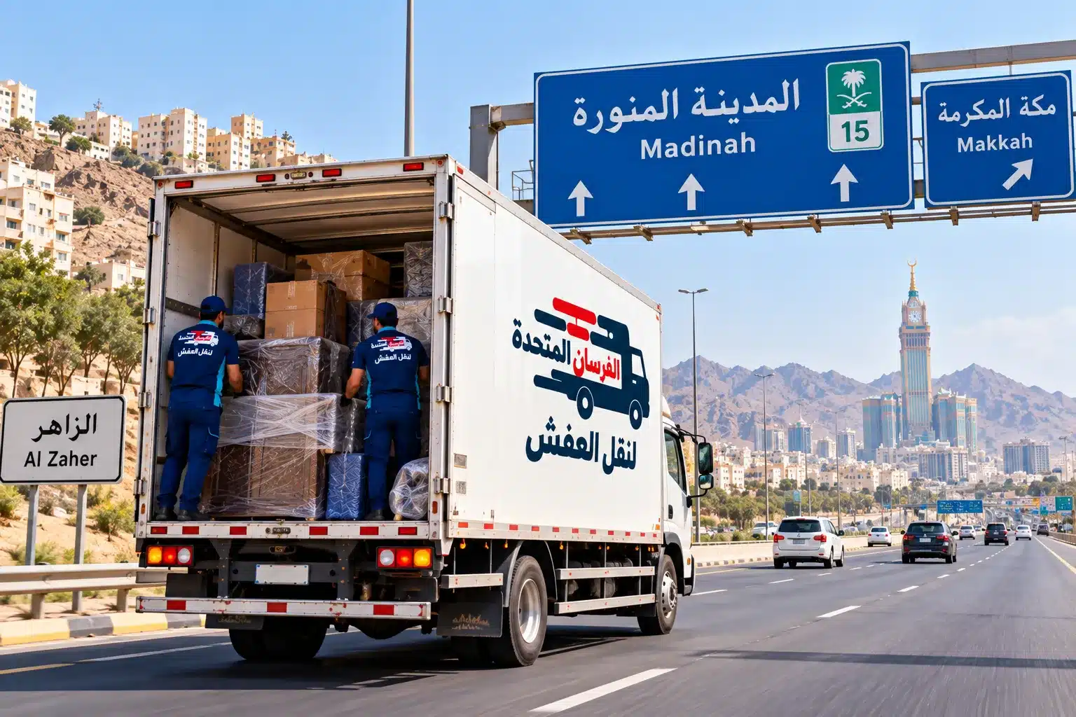 شاحنة نقل عفش تنطلق من حي الزاهر على طريق المدينة المنورة