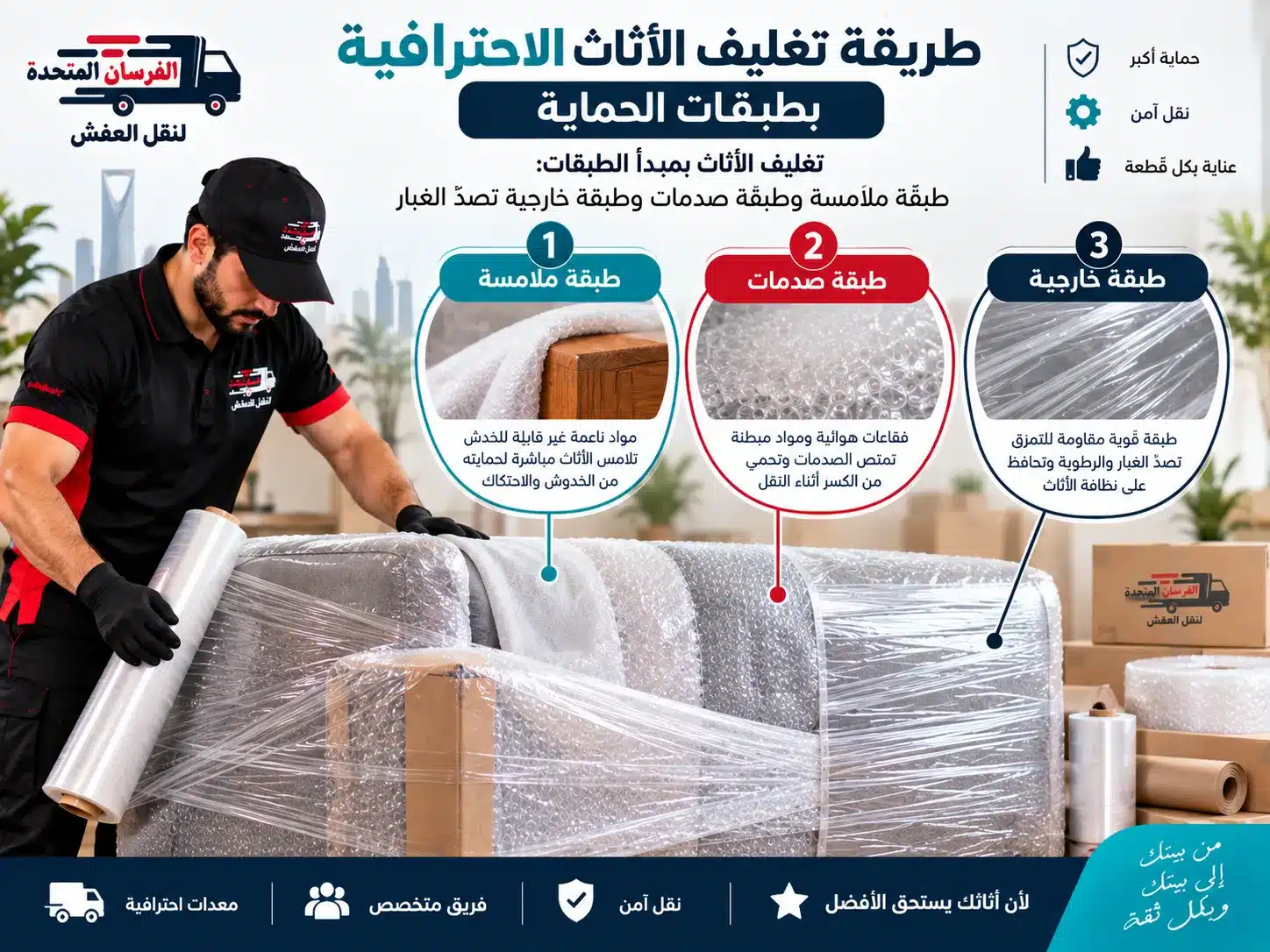 تغليف الأثاث بمبدأ الطبقات: طبقة ملامسة وطبقة صدمات وطبقة خارجية تصدّ الغبار