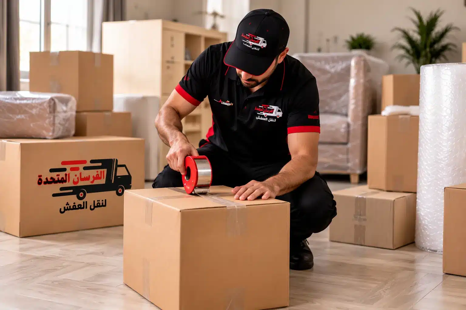 عامل نقل يجهز الصناديق داخل منزل