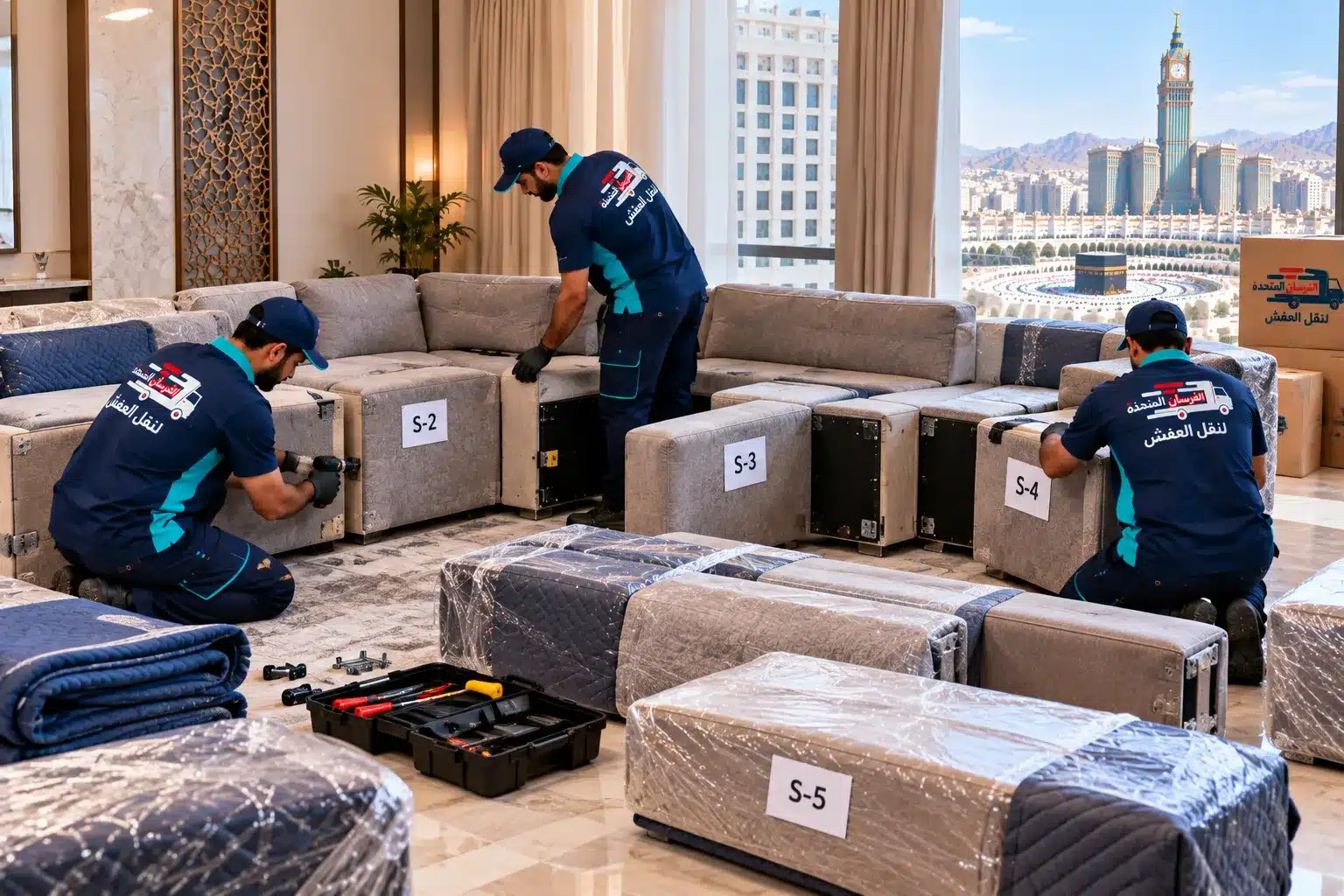 فك وحدات كنب زاوية وترقيمها قبل النقل في مكة