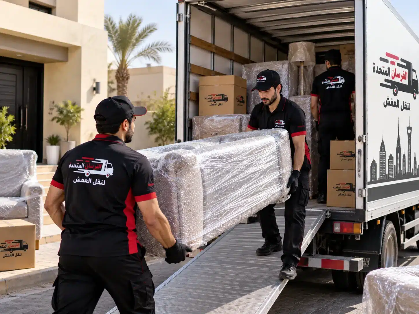 فريق نقل العفش في السعودية يحمّل الأثاث المغلّف في شاحنة