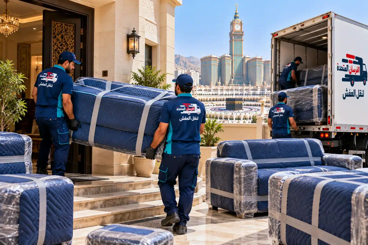 نقل كنب ومجالس بمكة بعد تغليف الكنب بأغطية مبطنة