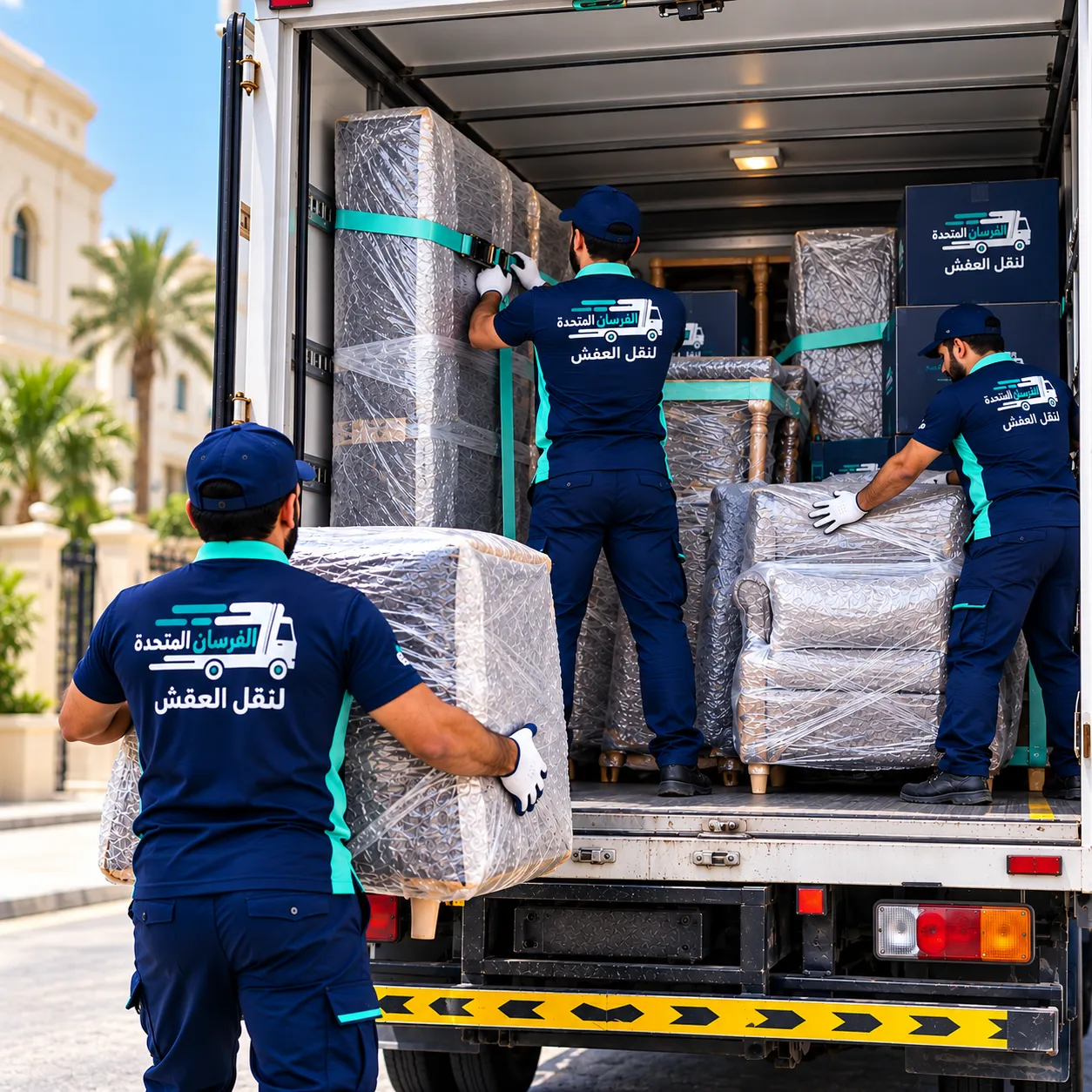 الفرسان المتحدة للنقل و التخزين بمكة - الصفحة الرئيسية عمال يحمّلون أثاثًا مغلفًا داخل سيارة دينا ويثبتونه بالأحزمة