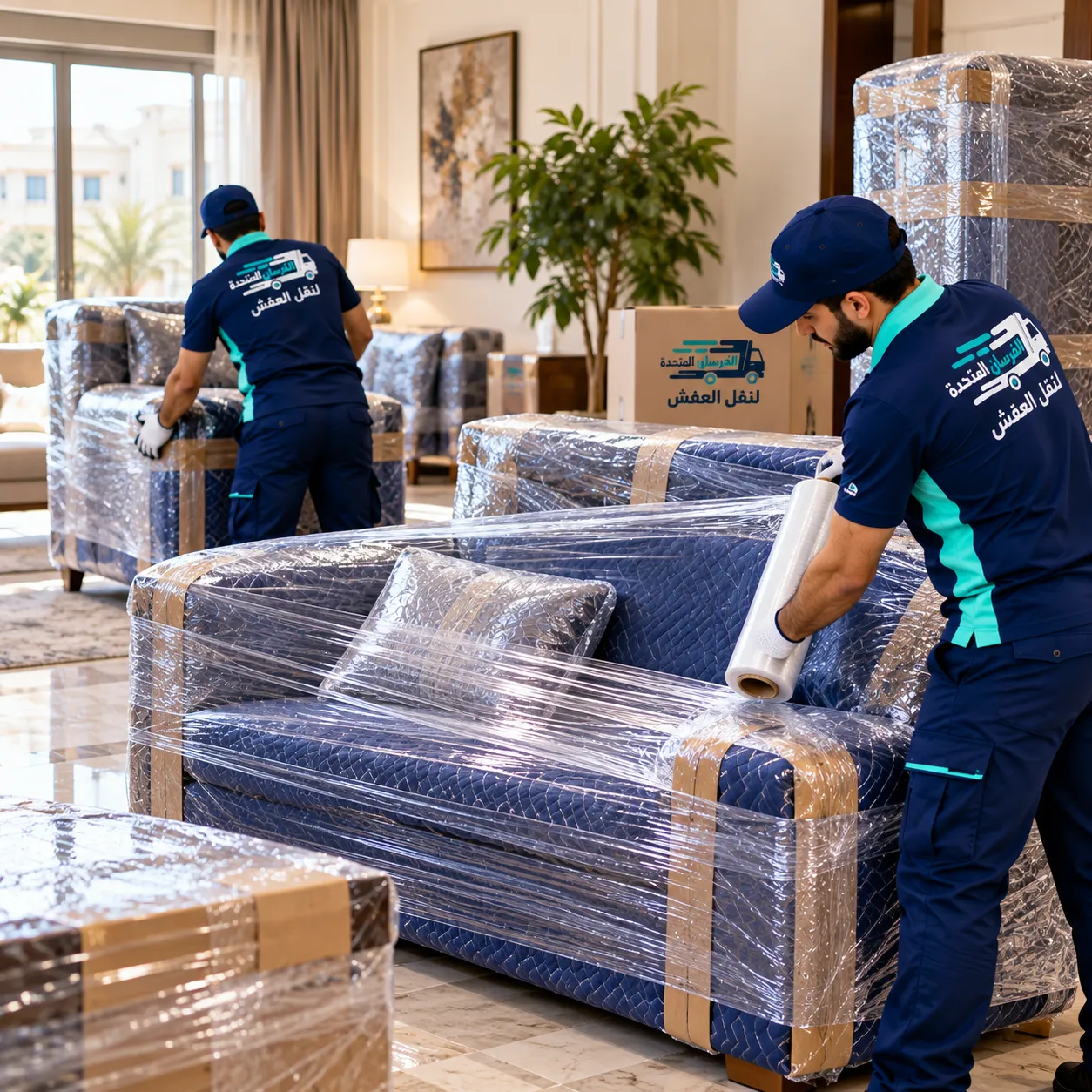 الفرسان المتحدة للنقل و التخزين بمكة - الصفحة الرئيسية كنب مغلف بالنايلون والبطانيات استعدادًا للنقل